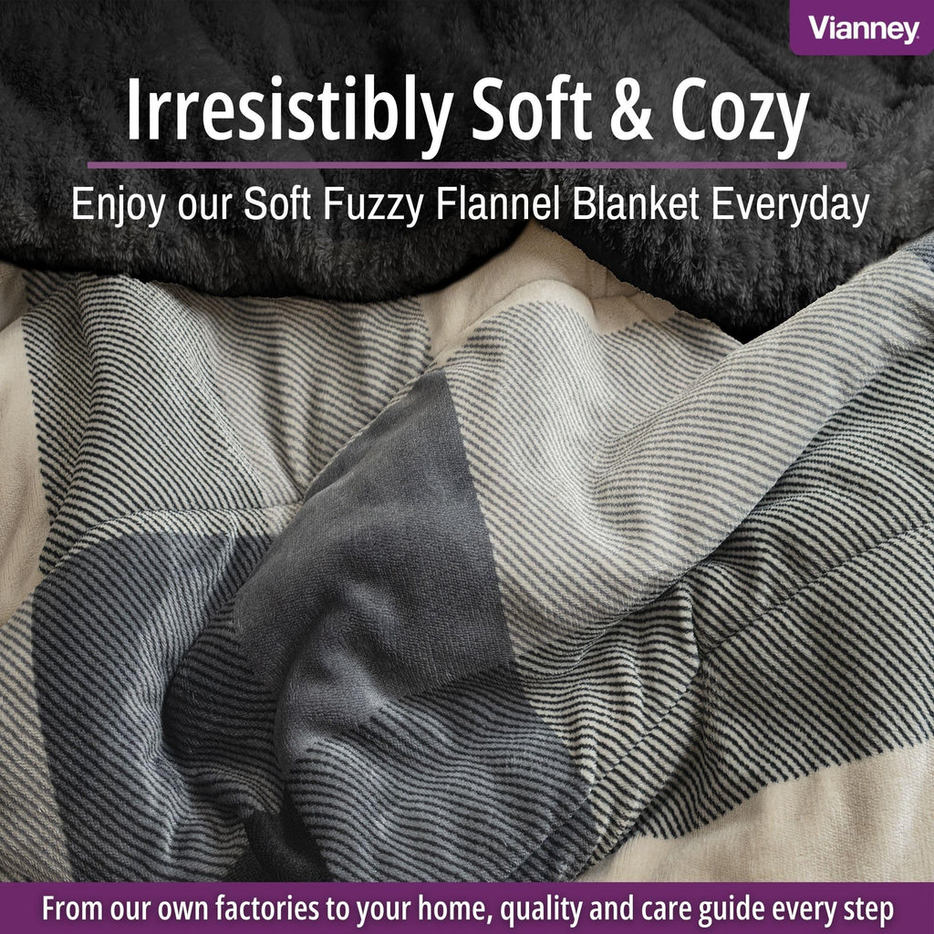 Black Grey Plaid Full/Queen Reversible Sherpa Throw Blanket Plush