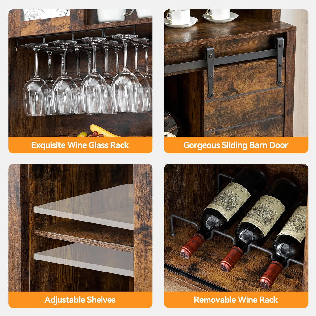 70'' Wine Coffee Bar Cabinet with Storage Hutch, Tall Kitchen Pantry Liquor Cabinet with Sliding Barn Doors, Bottle