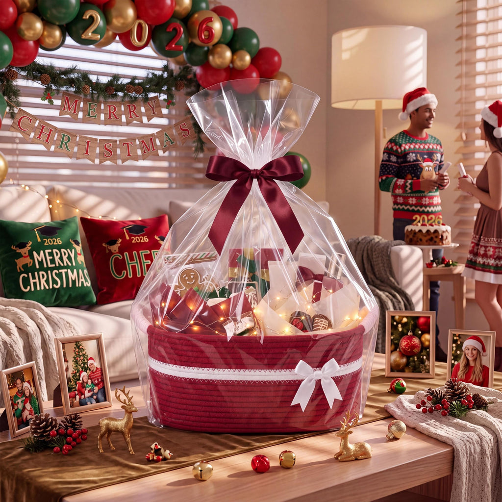 Christmas Empty Gift Basket with Handles, Red, White