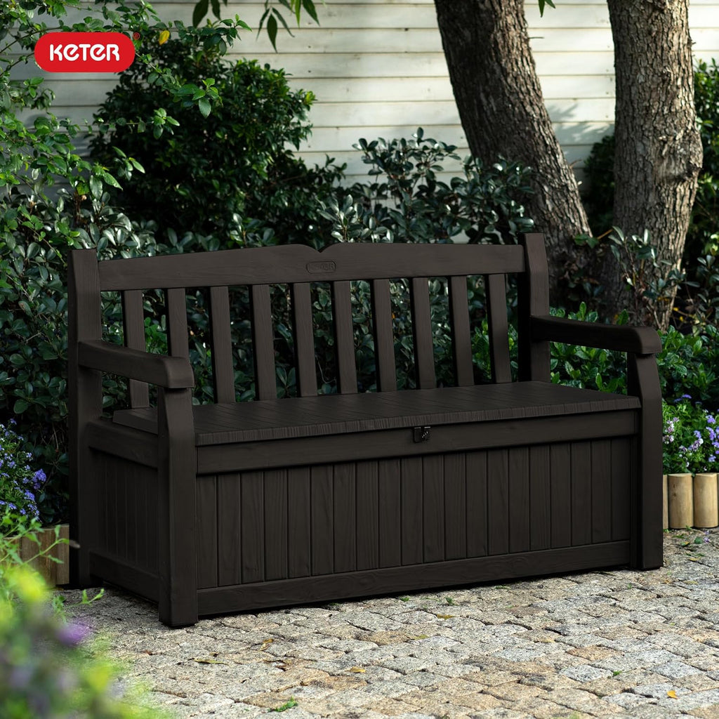 Solana 70 Gal Outdoor Storage Bench and Pool Accessories | Brown, Resin, Seating, Weatherproof, Lockable, Durable