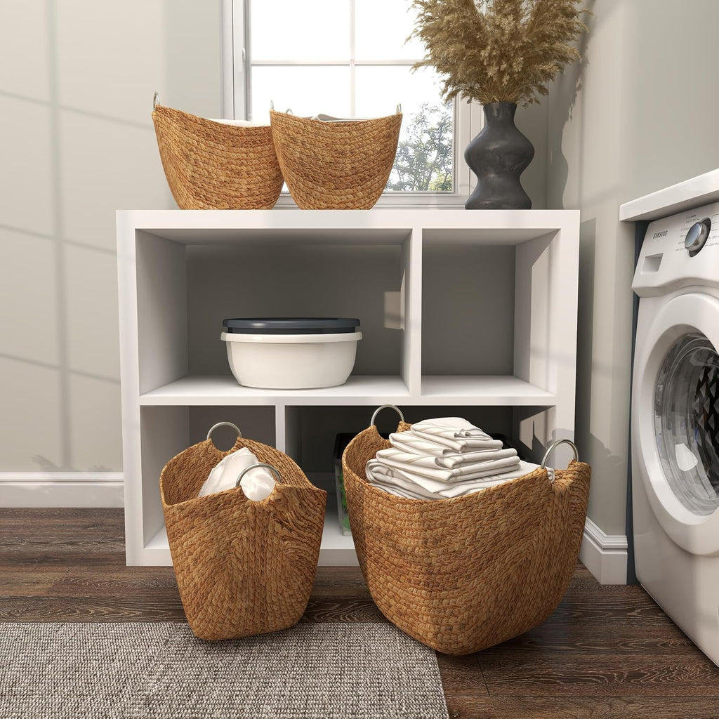 79 Seagrass Handmade Decorative and Functional Storage Basket Woven Curved Basket Organizer with Silver Metal