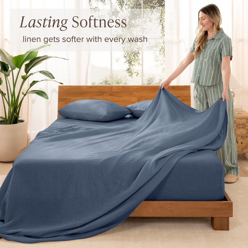 100% European Linen Sheet Set (Split King, Indigo)