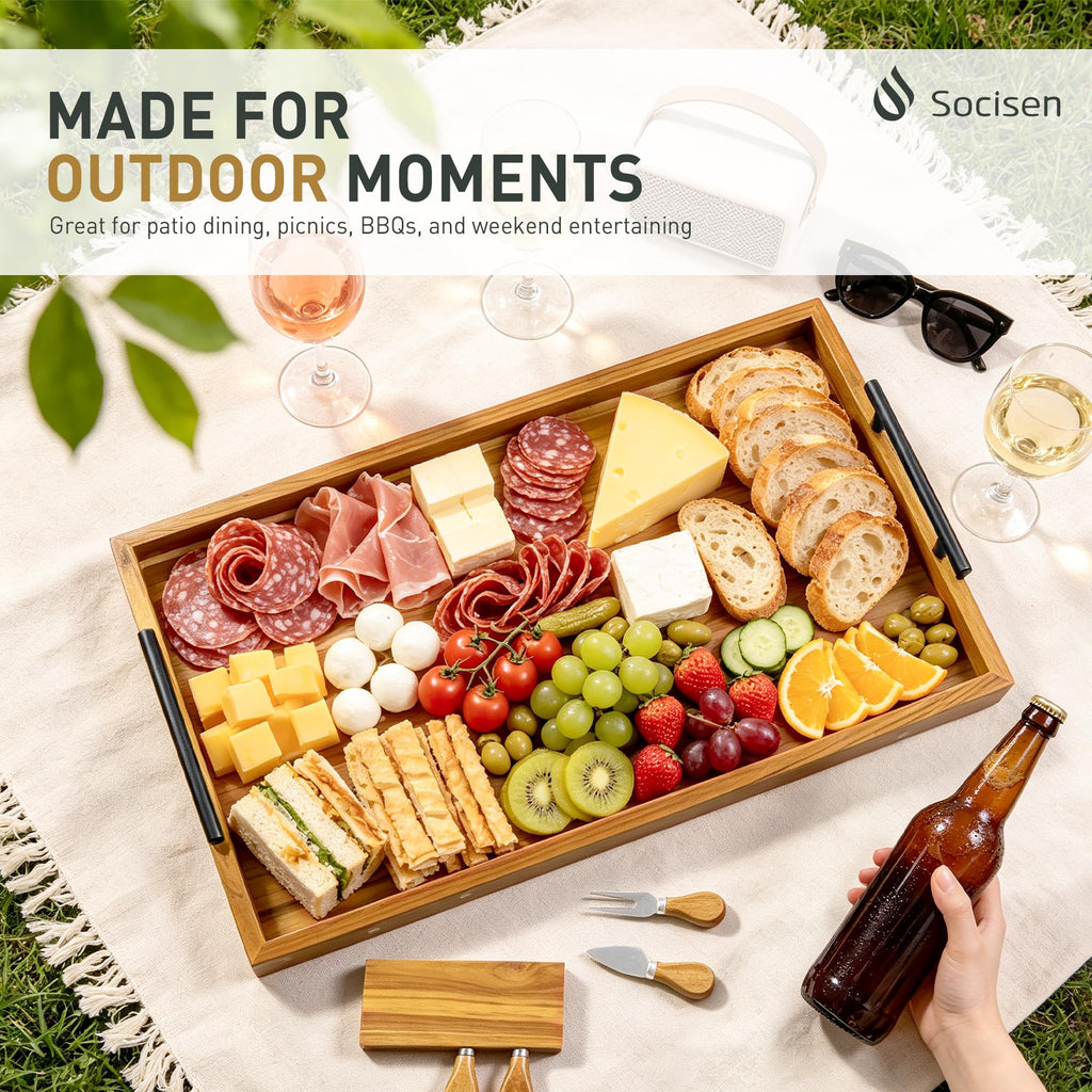 30 in Teak Big Charcuterie Board with 4-Piece Cheese Knife Set