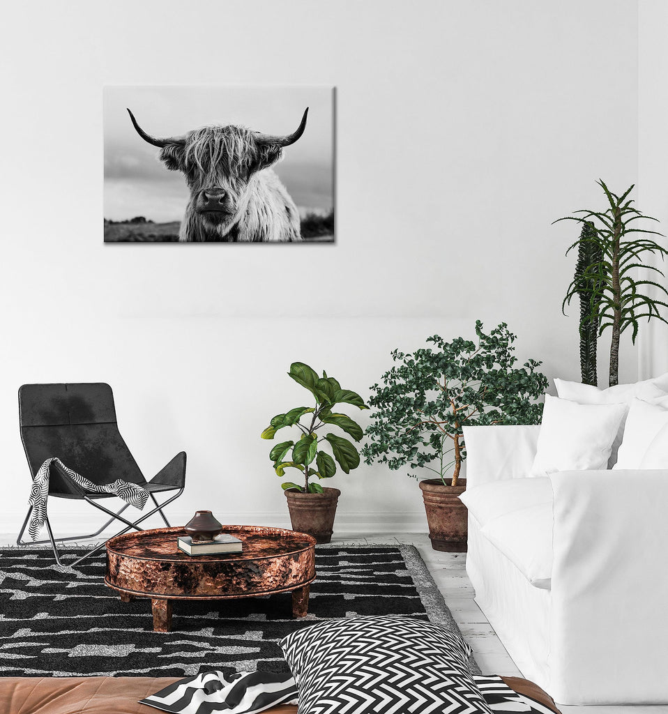 Highland Cow Wall Art Canvas Print Black and White Animal Canvas Picture Framed Art Wall Decor Bathroom (20x30 inch)