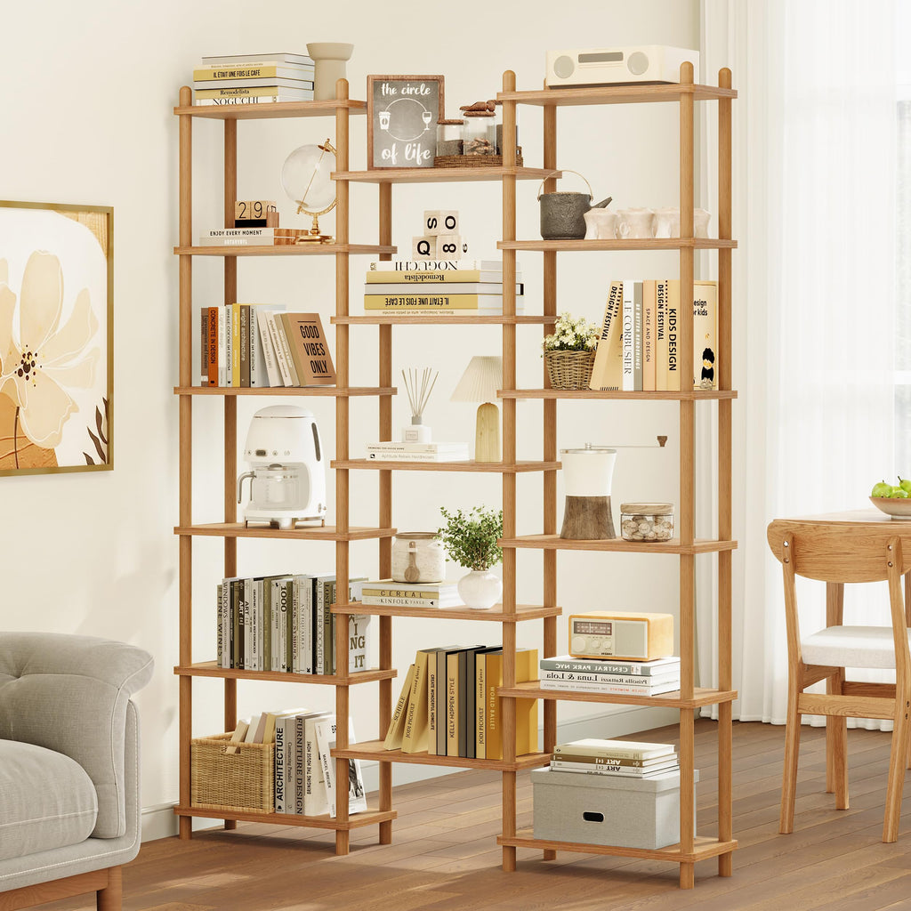 Wooden Triple Wide Bookshelf, 6-Tier Large Open Bookcase, Oak