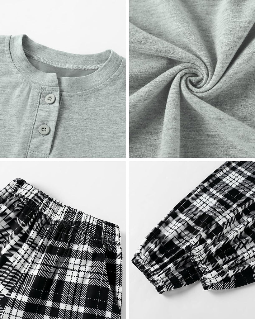 Boys Pajamas Plaid Pants Long Sleeve Henley 2 Piece Set Kids Sleepwear PJs Soft Loungewear for Boys