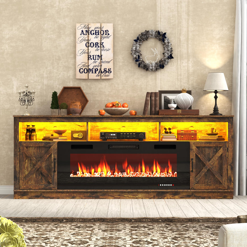 Farmhouse TV Stand with 50" Fireplace for 95" TV, 83" Fireplace Entertainment Center with Barn Doors and LED Light