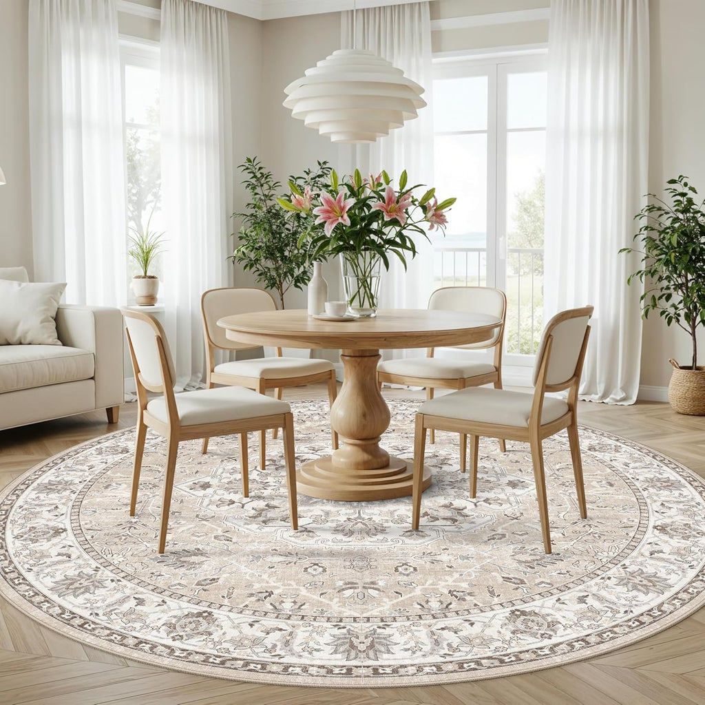 Washable 8ft Round Area Rug - Living Room Oriental Non Slip Soft Rugs Indoor Low Pile Stain Resistan