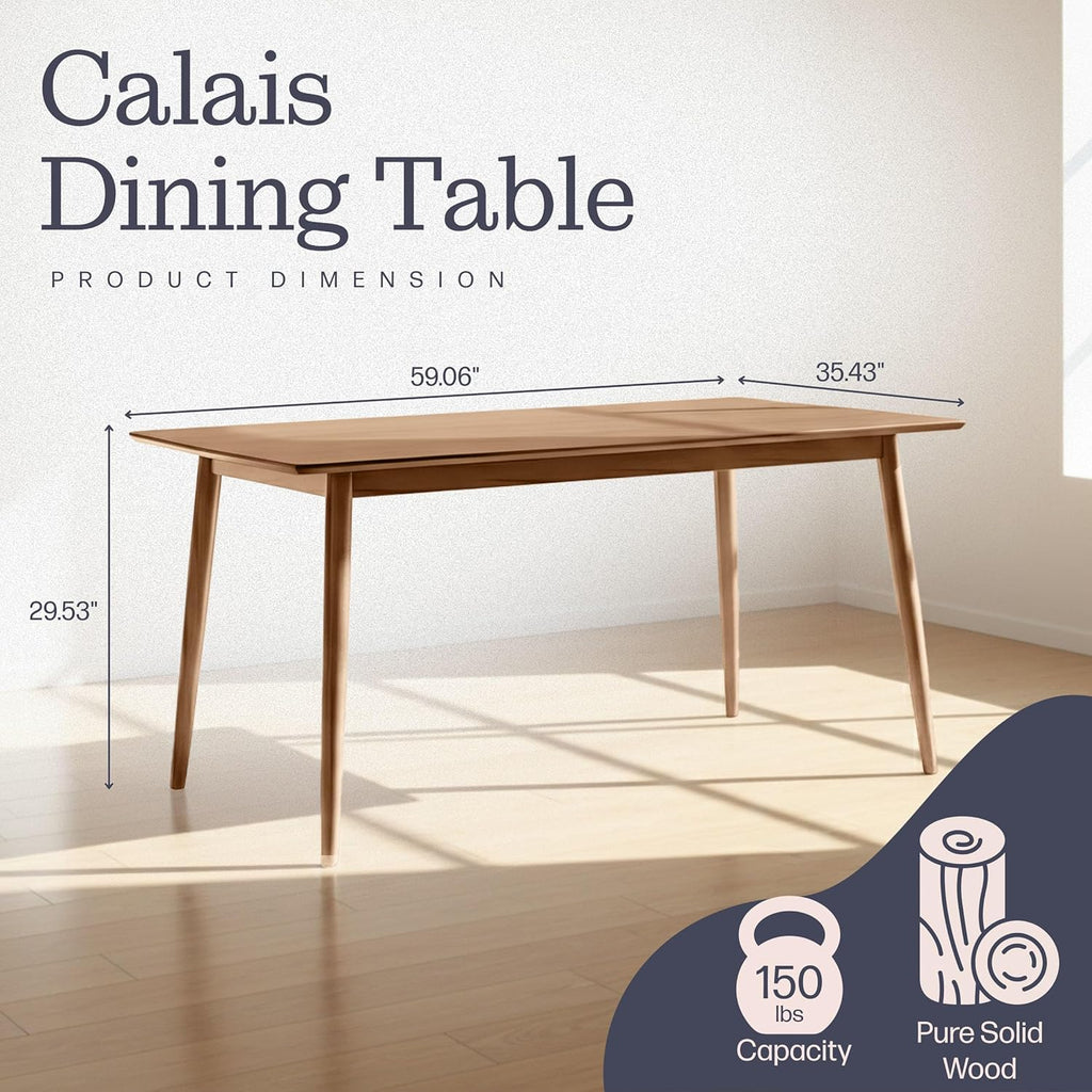 Calais Dining - Mid Century Modern 59-Inch Rectangular Dining Table for 4 - Solid Wood Kitchen and Dining Room Table