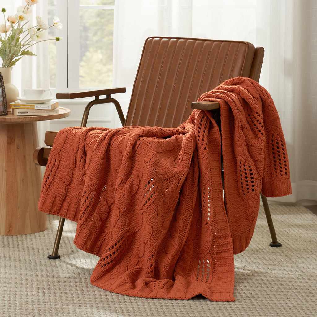 Chunky Knit Throw Blanket, Dual-Sided Soft Chenille Breathable Cable Knitted Blanket for Couch, Farmhouse Decorative