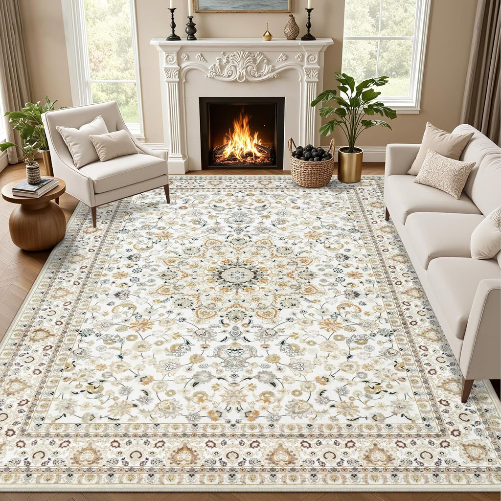 5x7 Area Rugs Living Room Rug: Washable Vintage Boho Rug No Slip Stain Resistant Soft Carpet Indoor Floor Floral