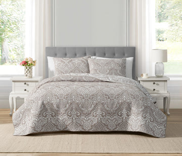 Resort Ojai Medallion Stripe Taupe 3-Piece All-Season Soft Woven Matelasse Jacquard Reversible Cotton Blend Quilt Set