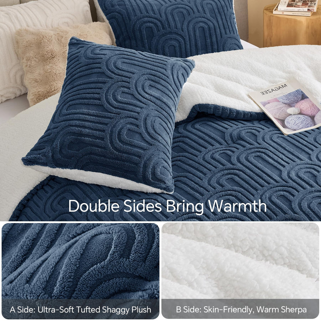 Arch Sherpa Comforter Set, Warm & Fluffy Bed Set, Navy