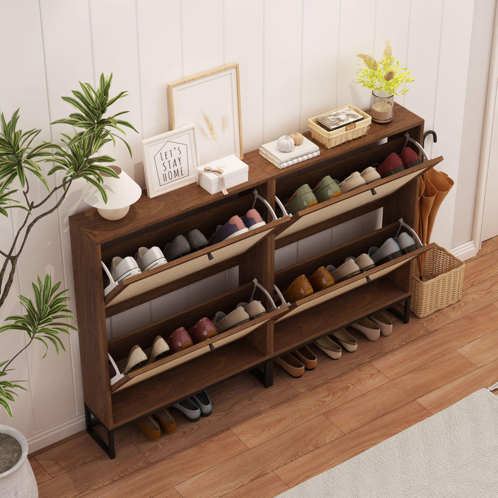 Narrow Sim Shoe Cabinet with 2 Flip Drawer, Sim Wooden Shoe Rack, Walnut