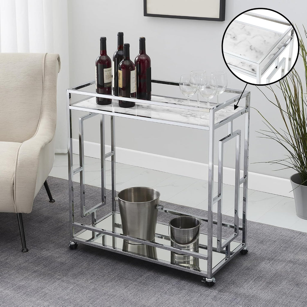 Town Square Chrome Faux Marble Mirrored Bar Cart 29.25" - Modern 360-Degree Swivel Serving Cart with Storage Shelf