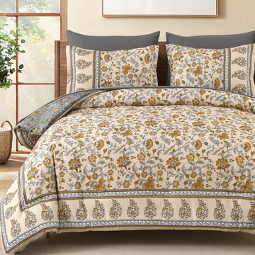 Dinjoy Boho Comforter Set,Beige Brown Bedding Paisley Floral 7 Piece Bed in a Bag Reversible Lightweight