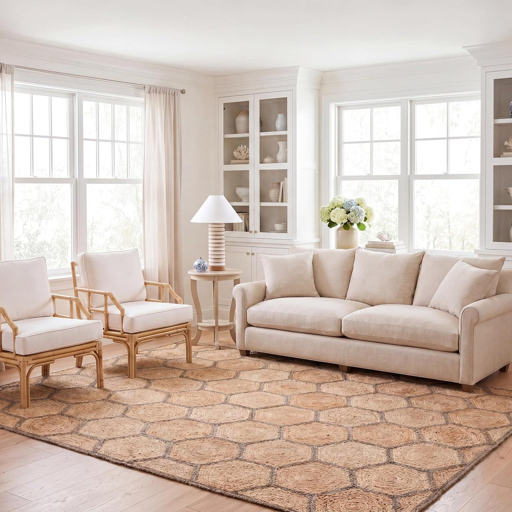 Natural Fiber Area Rug - 10' x 14', Natural & Grey, Handmade Honeycomb Woven Jute