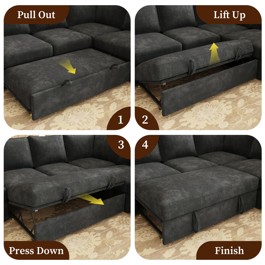 Sectional Sleeper Sofa, Pull Out Couch with Storage, Charcoal Gray, 5 Seat