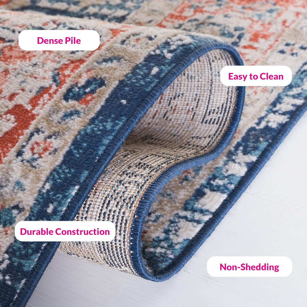 Madison Collection Area Rug, Navy & Rust, Oriental Distressed Medallion Design, Non-Shedding & Easy Care