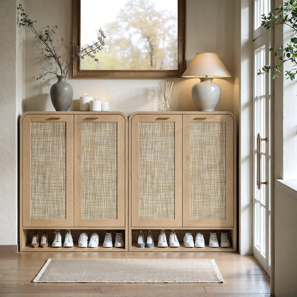 41 Inch Rattan Shoe Storage Cabinet Holds 24 Pairs, Natural Oak