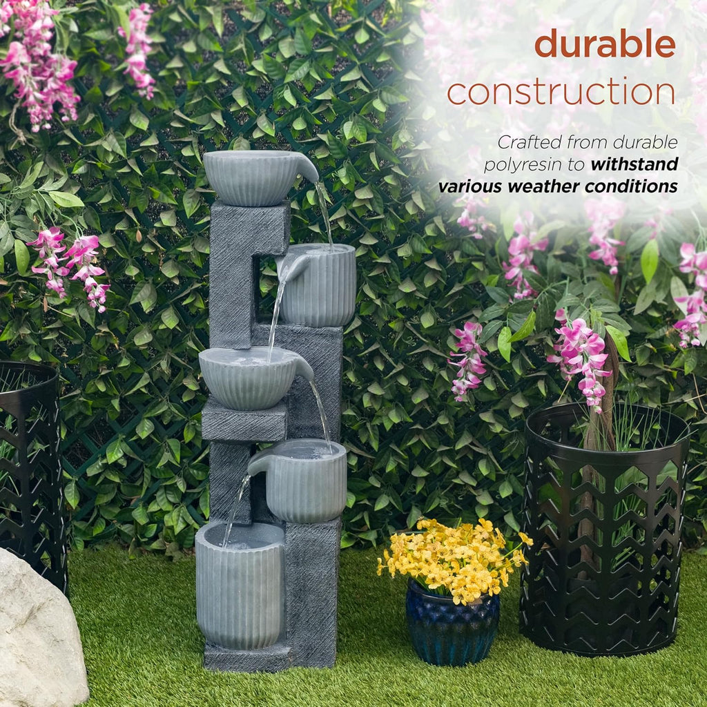 40" Tall Outdoor 5 Tiered Pot Decorative Waterfall Floor Fountain with LED Lights, Perfect for Patios, Yards