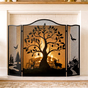 50" x 36" 3-Panel Fireplace Screen, Tree Pattern Fire Guard, Rustic