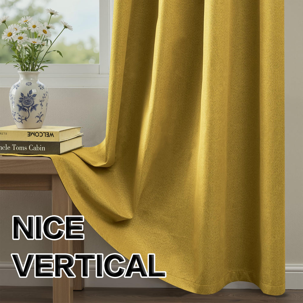 Thermal Insulated Linen Full Blackout Curtains 52x120 Inches, Grommet Room Darkening Drapes, 2 Panels, Gold Yellow