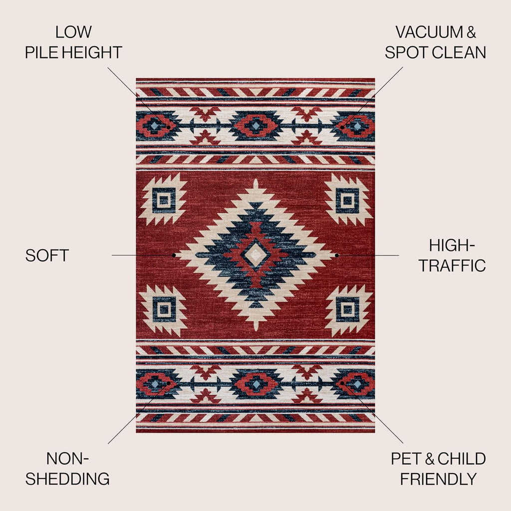 Medallion Southwestern Indoor Area Rug Red/Navy/Cream, Serape, Easy-Cleaning, High Traffic, Pet-Friendly