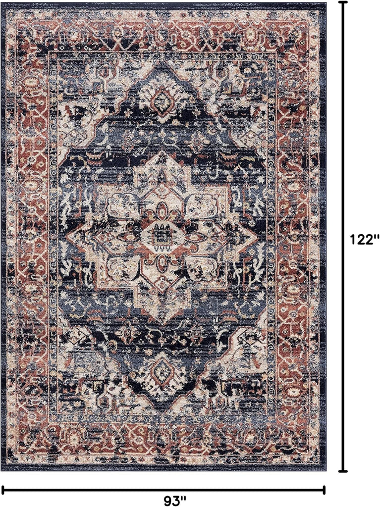 Navy & Beige Vintage Area Rug, Babylon Collection - Turkish Oriental Medallion Distressed Accent Rug Rugs
