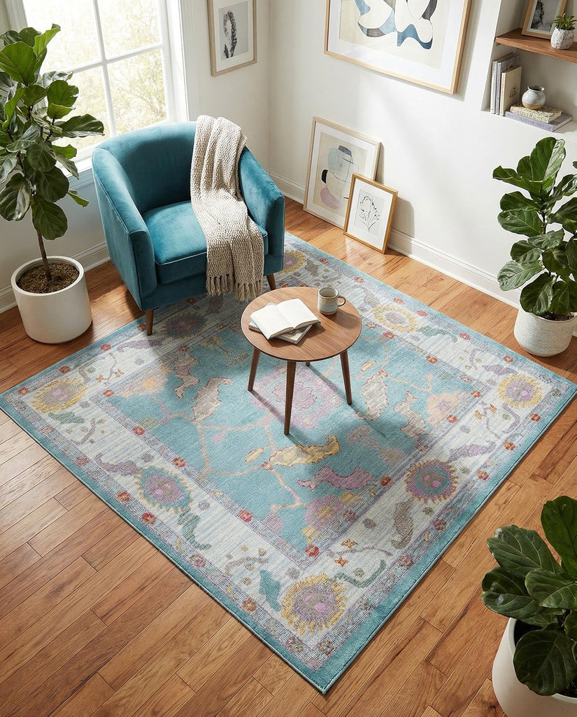 Paragon Rug - 5 Ft Square Aqua and Blue Easy-Clean Area Rug - Vintage Medallion Design s, Bedrooms, and Entryways