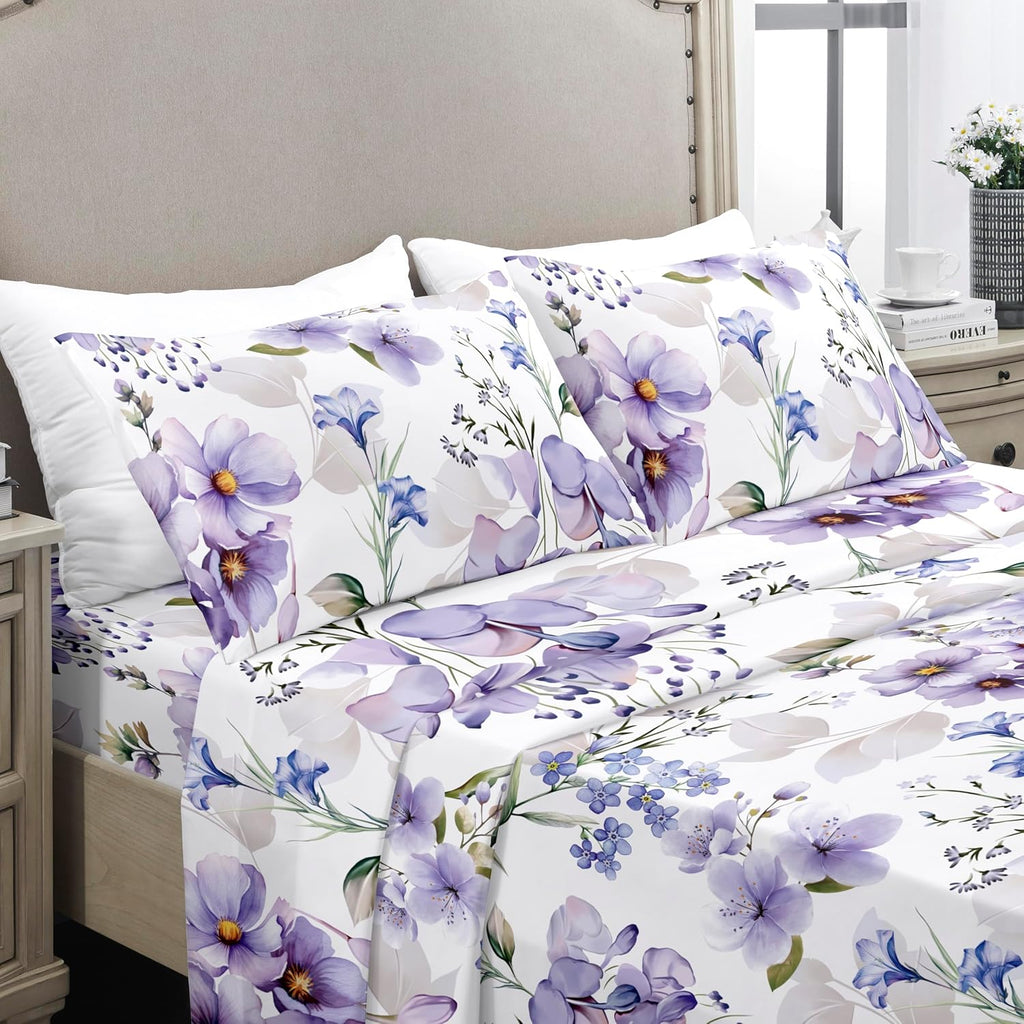 King Sheets Set, Luxury 1800TC Hotel Quality Double Brushed Microfiber Floral Bed Sheets for King Bed, Ultra Soft