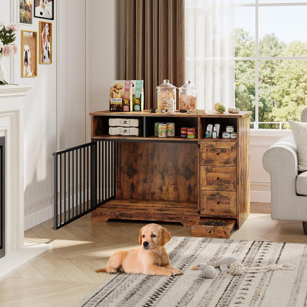 Dog Crate Furniture with Bowl, Medium Dog Cage, Retro Brown