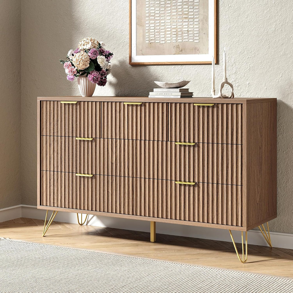 Fluted 7 Drawers Dresser , Wood Dressers with Scratch-Proof Golden Handles, Natural Curved Profile, Modern Chest