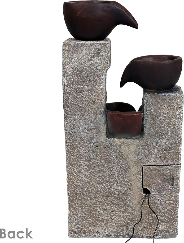 Aged Tiered Vessels 29-Inch Solar Fountain with Battery Backup - Submersible Pump - Polyresin