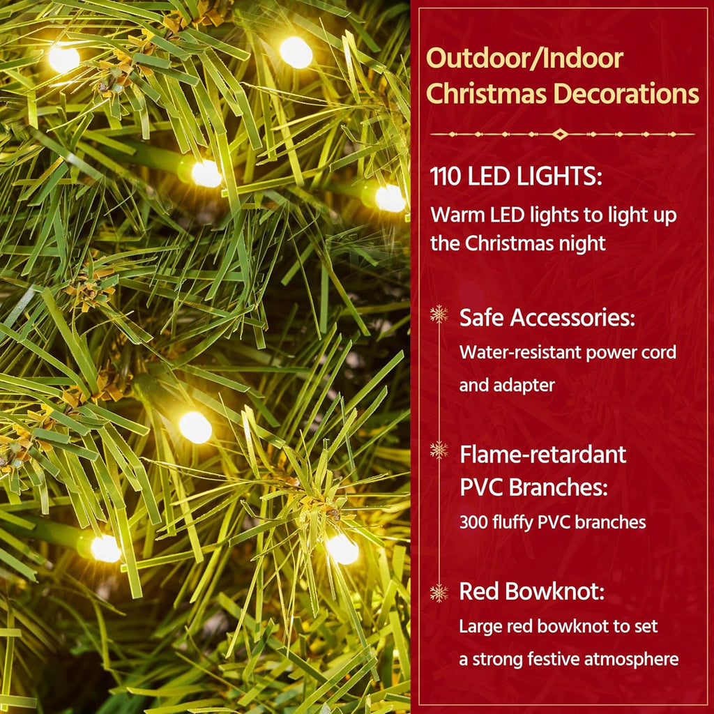 30in Large Artificial Christmas Wreath, Pre-lit Holiday Accent Decoration with Red Bow, 110 LED Lights & 300 PVC