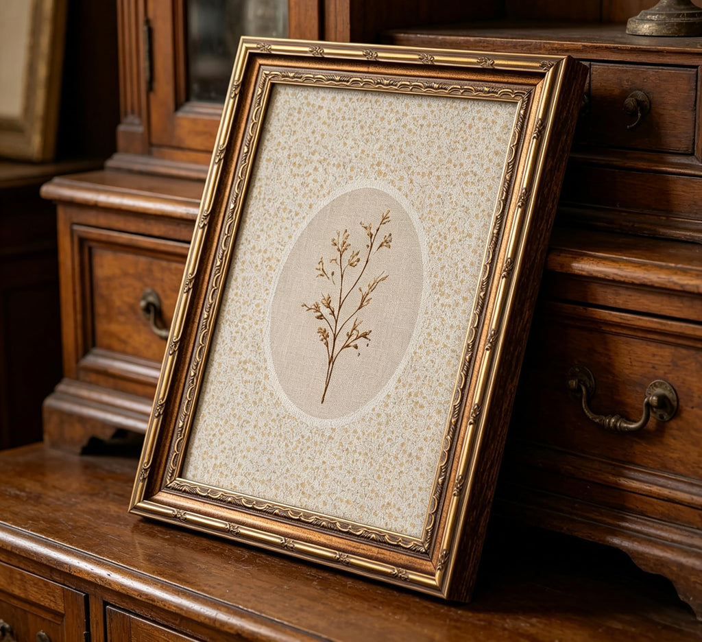 Vintage Gold Framed Wall Art, Dried Botanical Herbarium Print with Floral Pattern Background, Neutral Rustic
