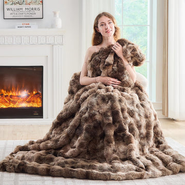Faux Fur Throw Blanket Tie-Dye Dark Coffee - Big Bubble Rabbit Fluff Blanket for Couch, Large Fluffy Fuzzy Cozy