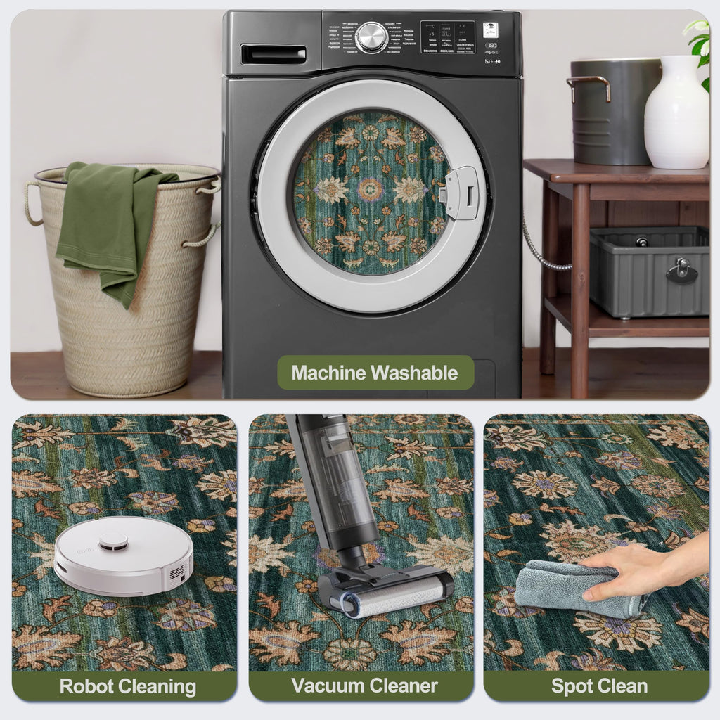 Washable Runner Rug Non Slip, 2x6 Green Gold Floral Rug
