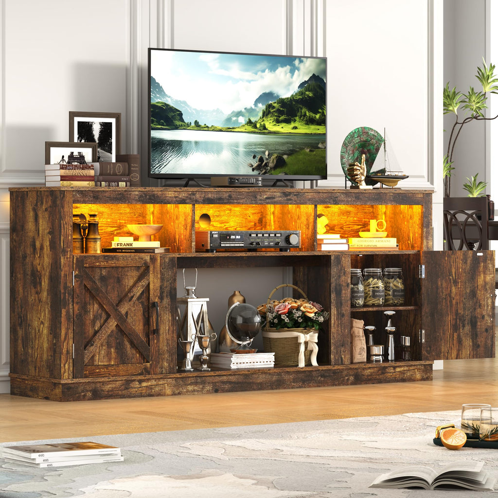 Farmhouse TV Stand for 70/75/80 Inch TV, 32"Tall Entertainment Center w/LED Light, Large Media Console Cabinet w/Barn