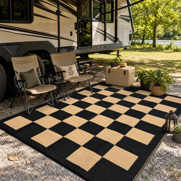 Outdoor Rug Waterproof Foldable Reversible Plastic Straw Camping Rug Portable Lightweight Modern Checkered