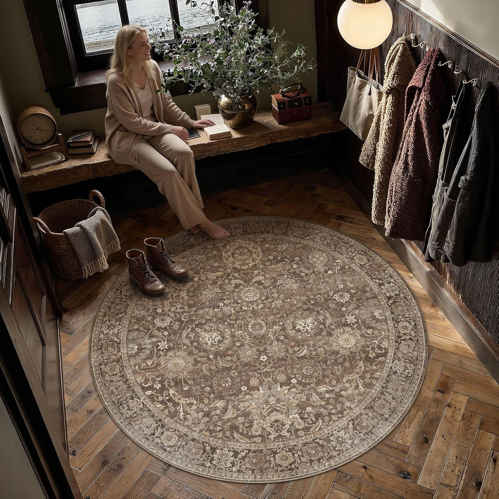 6x6 Round Rugs Brown Washable Rug for Living Room Bedroom Large Neutral Vintage Rug Carpet Distresse