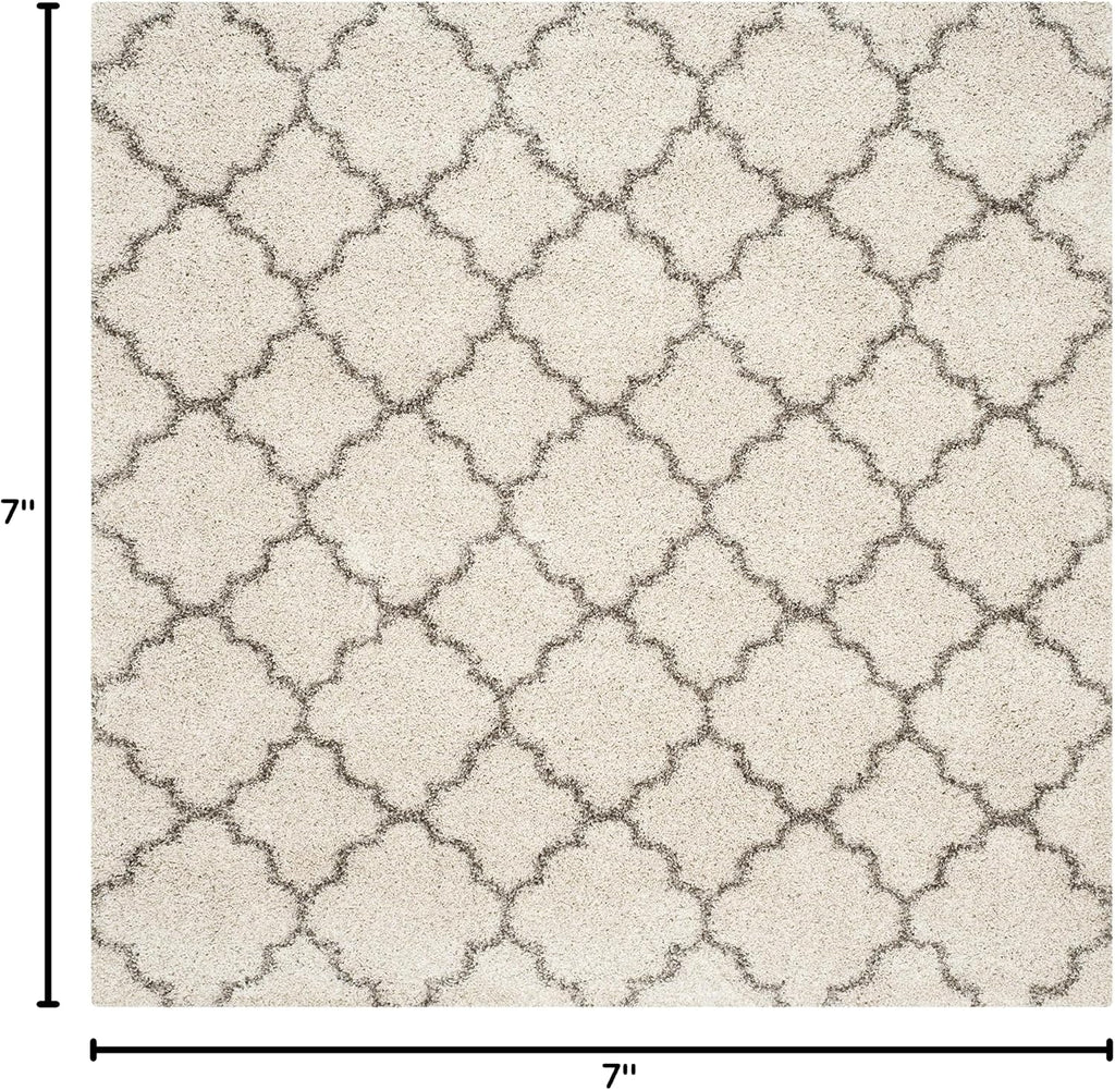 Hudson Shag Collection 7' x 7' Square Ivory/Grey SGH282A Moroccan Trellis Non-Shedding Living Room Bedroom Dining