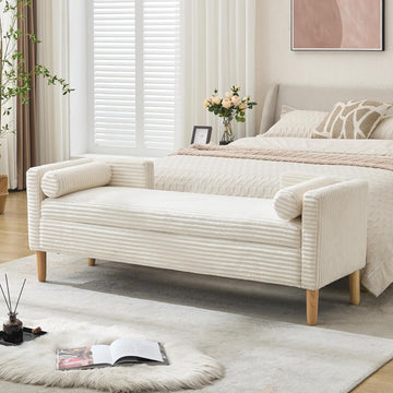 65.35" W End of Bed Bench King Size, Upholstered Large Storage Ottoman Bench with Bolster Pillows & Armrest, Window