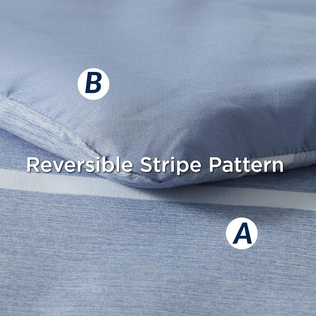 Queen Comforter Set 7 Pieces, Blue Striped Bedding Set for All Seasons, Reversible