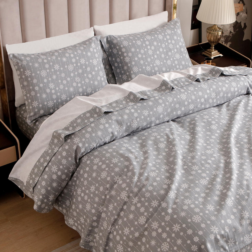 Holiday Christmas Flannel Sheet Set, Queen, Snowflake Gray