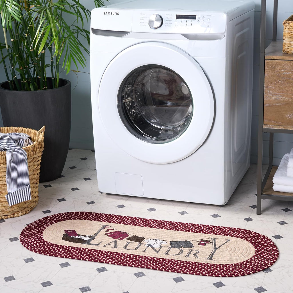 Washable Rug Braided Posters Collection - 1'8" x 4' Oval, Beige & Burgundy Red, Handmade & Easy to Clean, Ideal