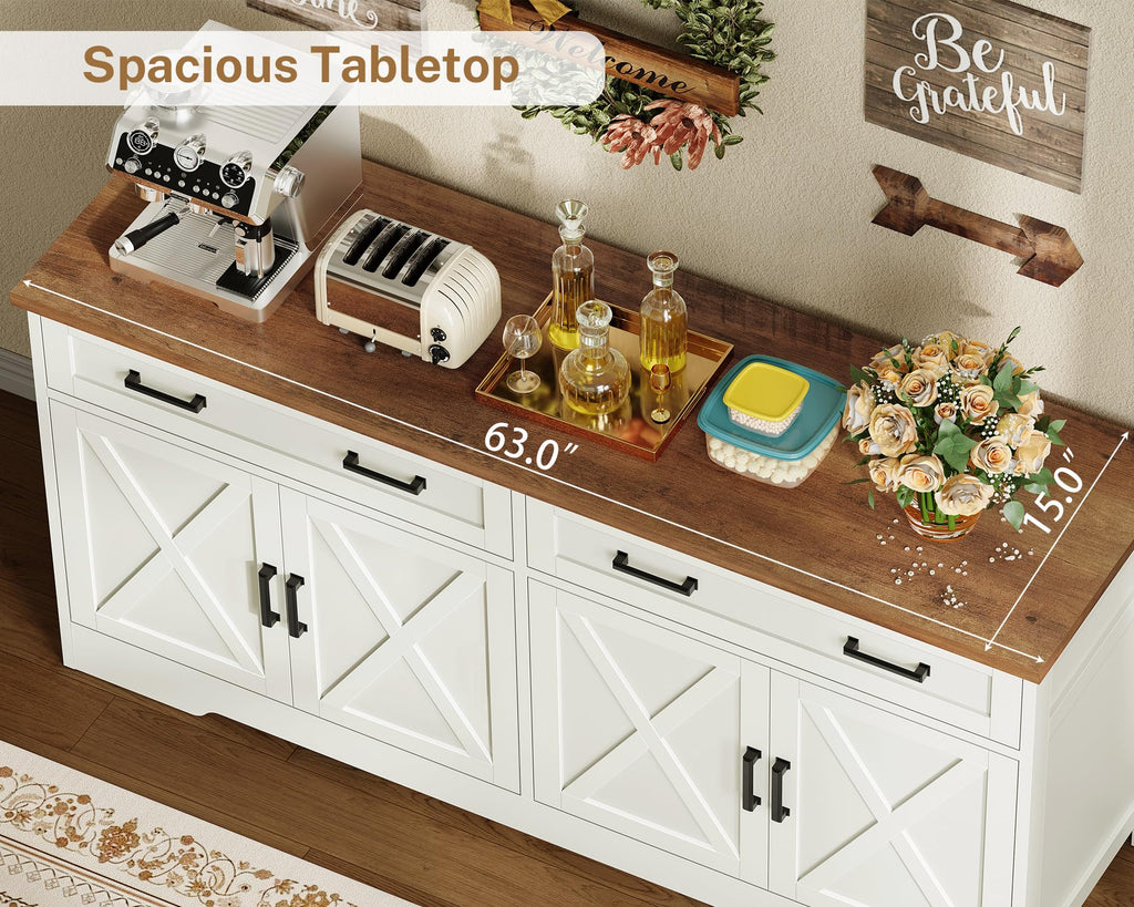 63" W Buffet Cabinet with Storage, Sideboard Cabinet with 2 Adjustable Shelves and 4 Doors, Modern Farmhouse Coffee