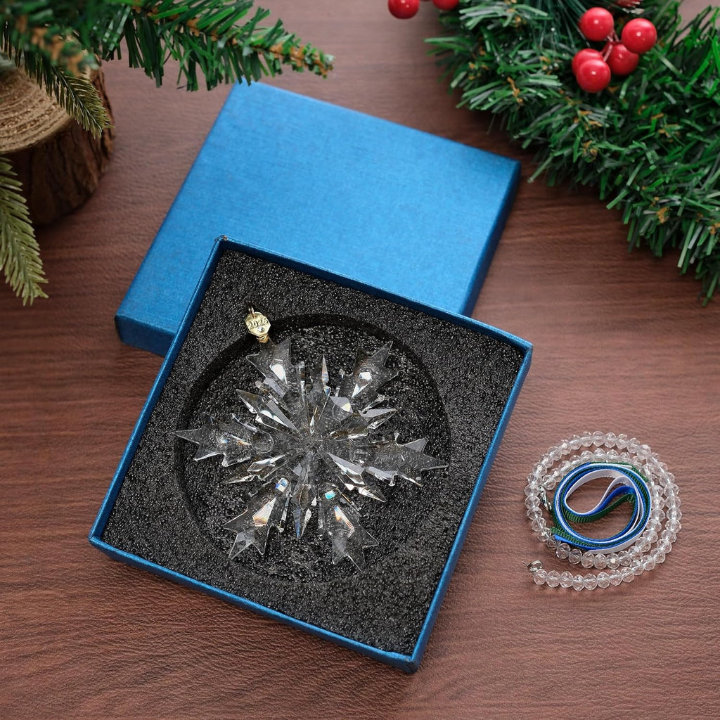 2026 Annual Christmas Ornaments Crystal Snowflake Star Clear White Faceted Crystal with Tone Metal Accents and Rayon
