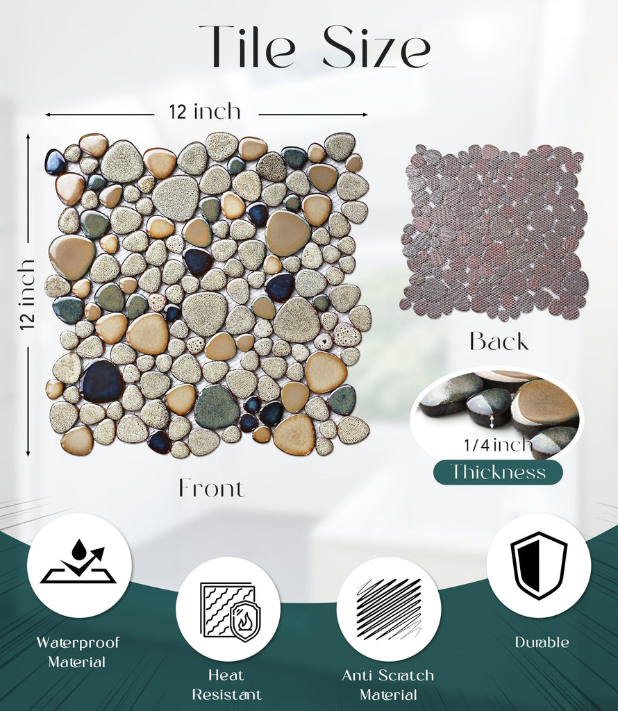 Pebble Stone Mosaic Tiles 5 Sheets, Beige Tan Brown Ceramic Mosaic Sheets Mesh Mounted 12x12, Glazed Porcelain Tile