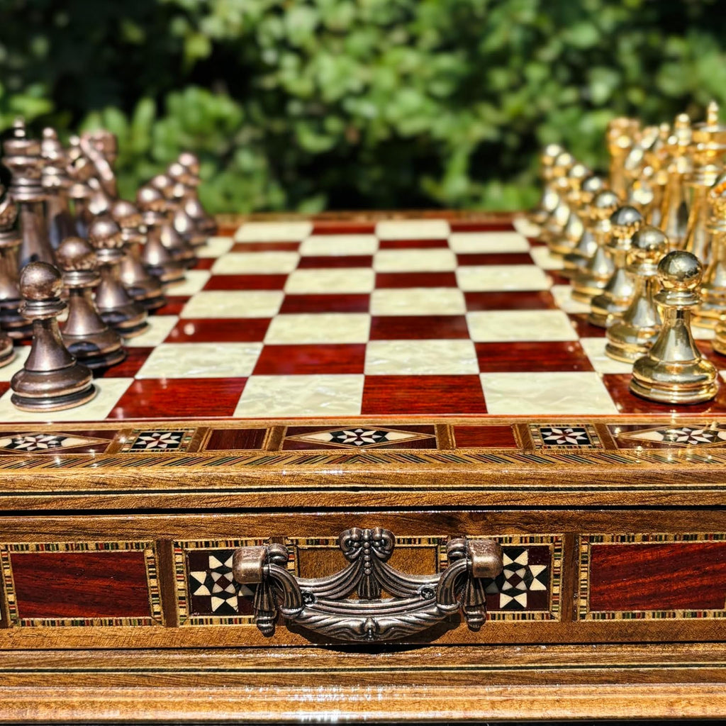 Handmade Luxury Chess Set - Metal Chess Pieces with Wooden Storage Board - Premium Classic Chess Game for Adults - Set of 34